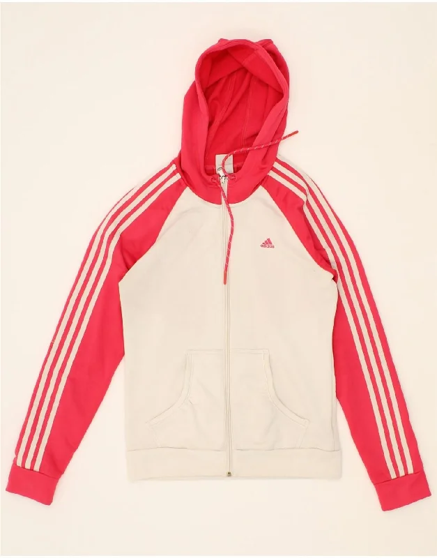 ADIDAS Womens Zip Hoodie Sweater UK 12 Medium White Colourblock Polyester