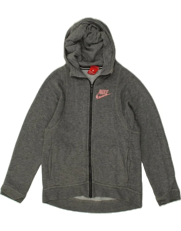 NIKE Girls Zip Hoodie Sweater 10-11 Years Medium Grey Cotton