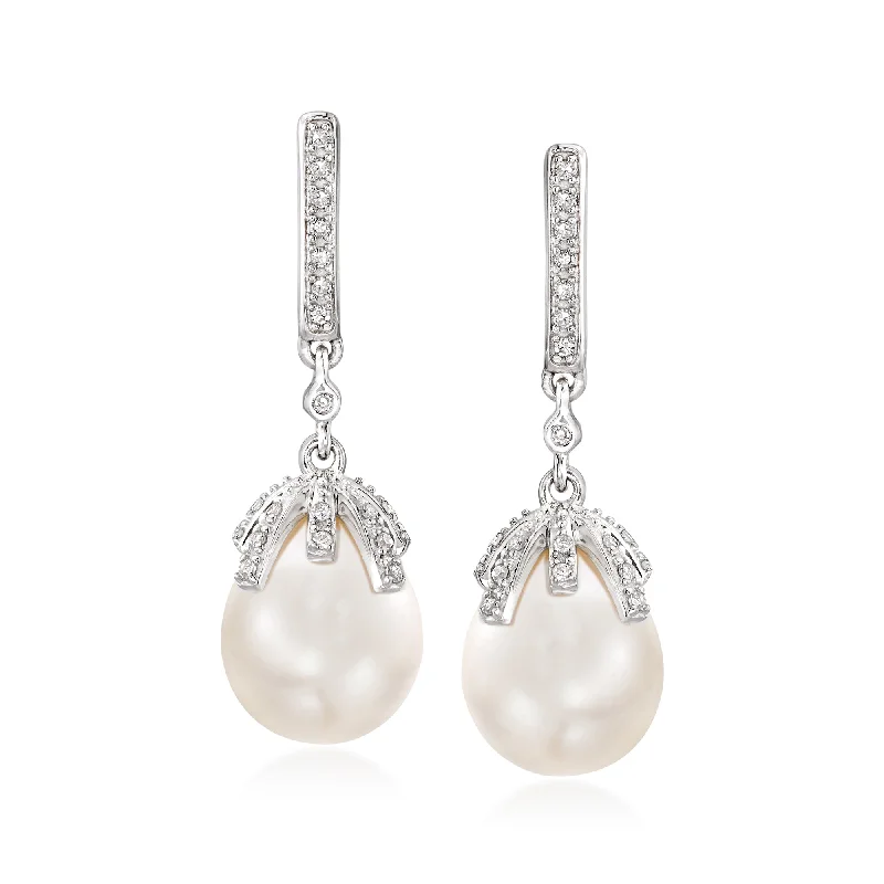 Best Jewelry Sale Prices – Limited-Time Offer Ross-Simons 9-9.5mm Cultured Pearl and . Diamond Drop Earrings in Sterling Silver
