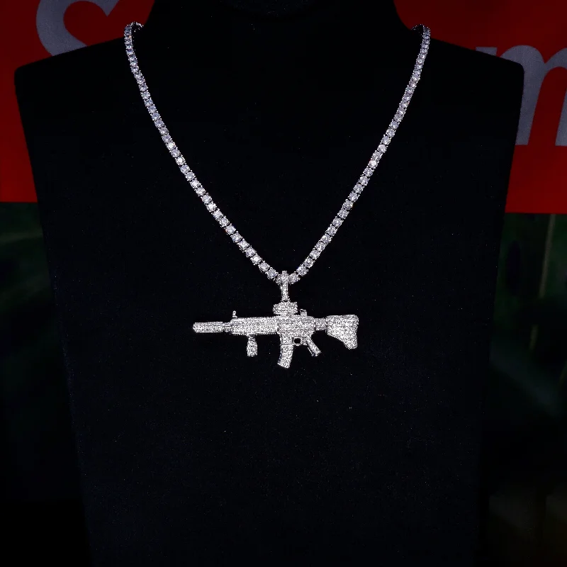 Flash Deals On Fine Jewelry – Shop Before It's Gone S925 Silver Diamond M4 Carbine Gun BlingBling Iced Pendant In WhiteGold-Plated